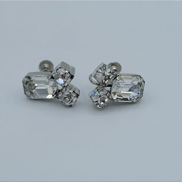 Vintage Coro Earrings Silver Tone Clear Crystal Screwback Earrings #1099 - Picture 4 of 14